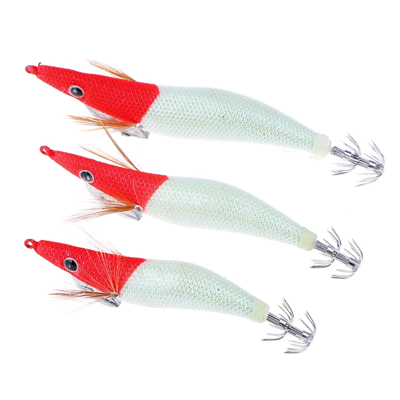 Artificial madeira camarão isca, Lula gabarito ganchos, polvo luminoso, Lula isca, Equipamento de pesca, 2.5 #, 3.0 #, 3.5 #, 1pc