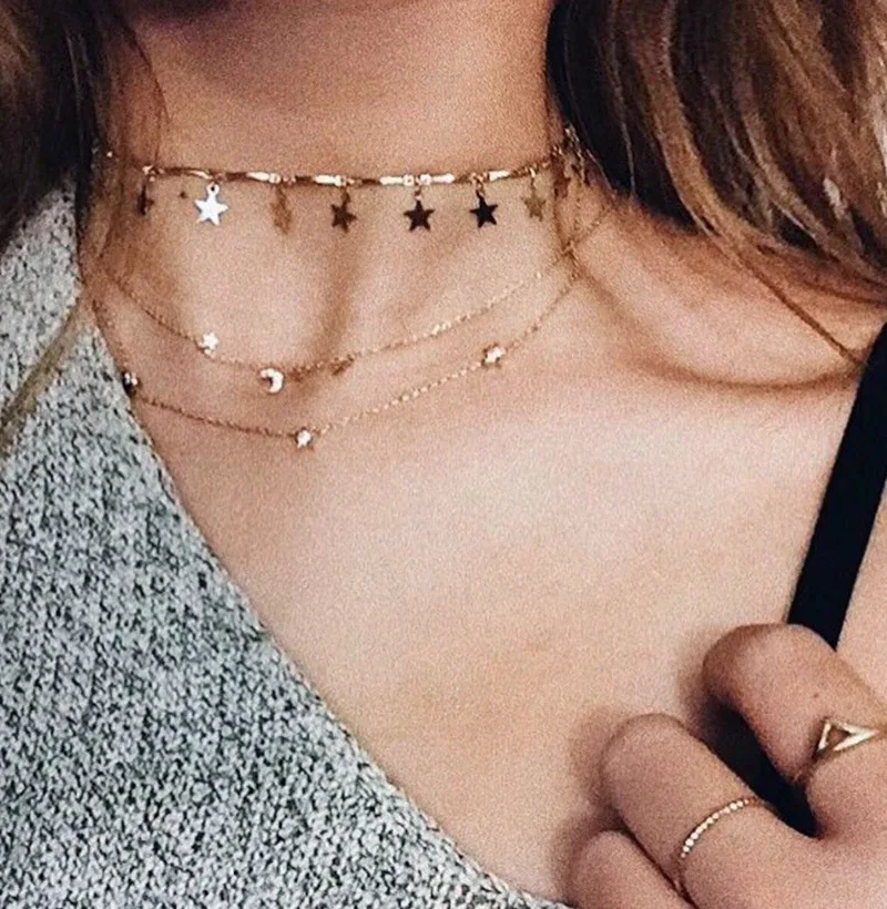 

Japanese Korean Simple Star Moon Pendant Double Layer Clavicle Necklace Women's Neck Accessories Neck Ring Neck Band Europe