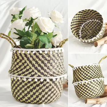 

Flower Straw Storage Handmade Basket Foldable Laundry Planter Pot Eco-friendly Container for Household Garden Supplies