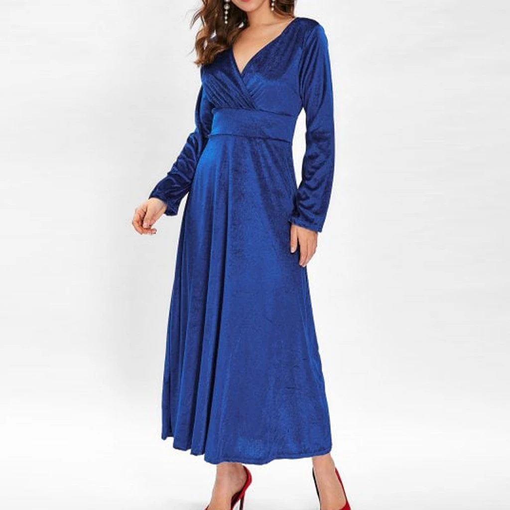 Autumn Women Dress Casual Full Sleeve V-Neck Ruched Dresses Thin Floral Solid Color Long Kaftan Dress Spring Ladies Girls 806