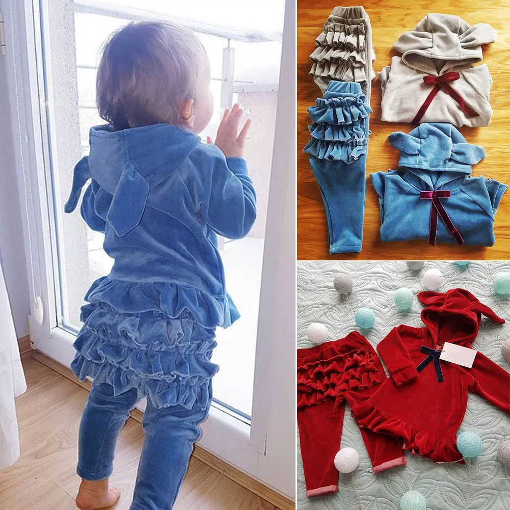 Toddler Kids Baby Girls Boys Clothes Sets 0-3Y Velvet Ear Hooded Top Sweatshirt+ Pants Trousers Set Tracksuits Clothing