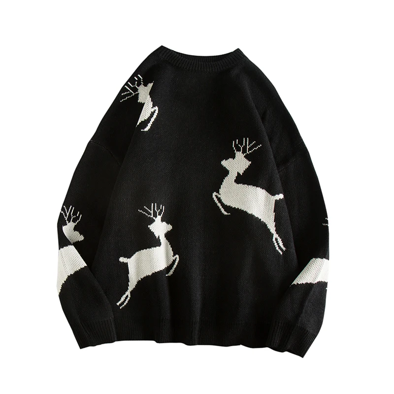 LT Studio, Рождественский свитер для пары, Осень-зима, пуловер с принтом оленя, женские милые свитера - Цвет: Black
