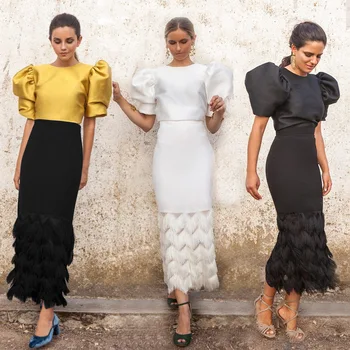 

2019 autumn new European and American women's round collar sleeve two-piece skirt simple daily