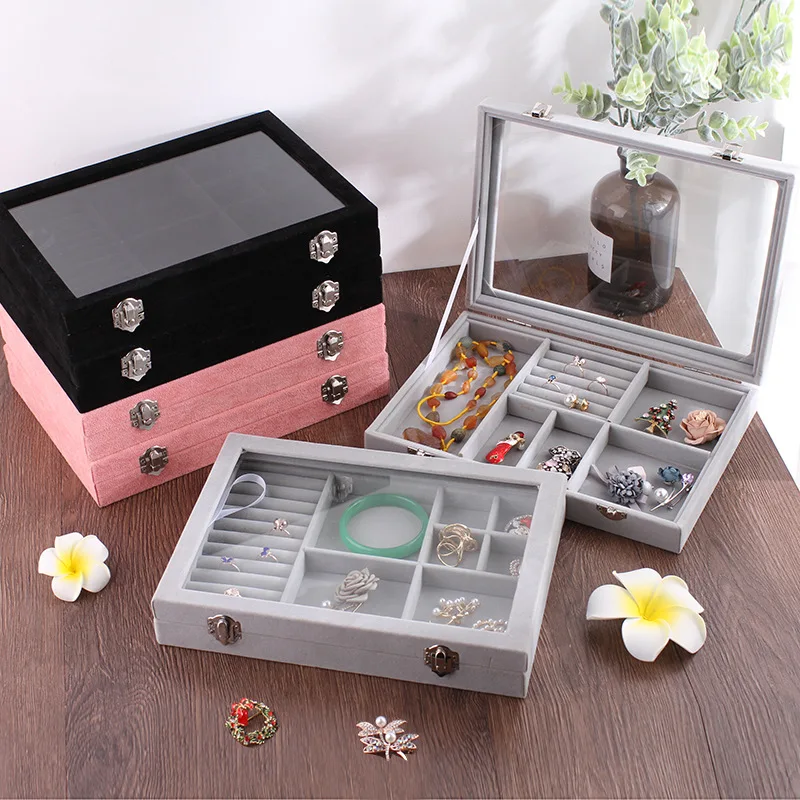 Medium velvet handbag with glass cover jewelry ring display box tray rack storage box organizer earrings ring bracelet