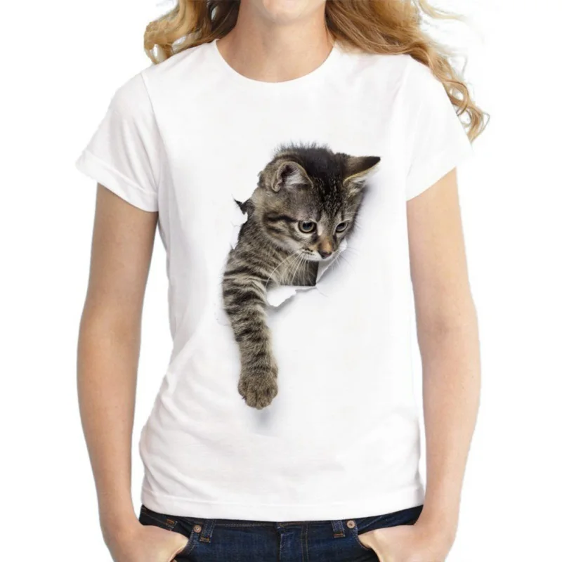 Летняя женская футболка с забавным 3D принтом озорного кота, оригинальная Футболка harajuku с круглым вырезом и коротким рукавом, топы, футболки размера плюс