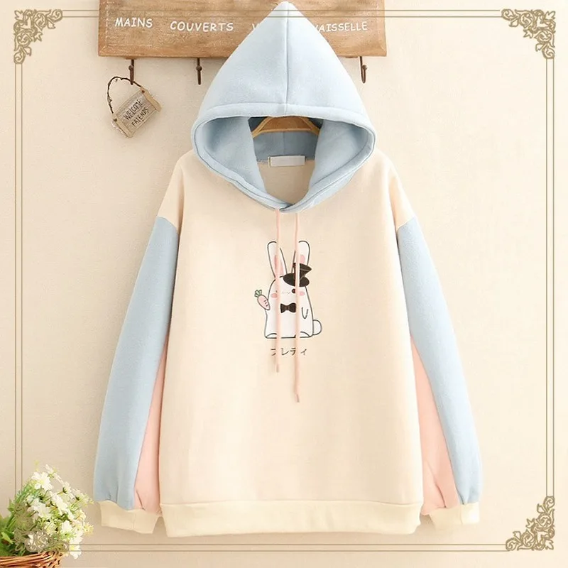 Beige hoodies Mori Girl Kawaii Bunny Graphic Женская Толстовка Зимняя японская одежда милый мультфильм Волшебный кролик Подростковая женская синяя Толстовка - Цвет: Beige hoodies