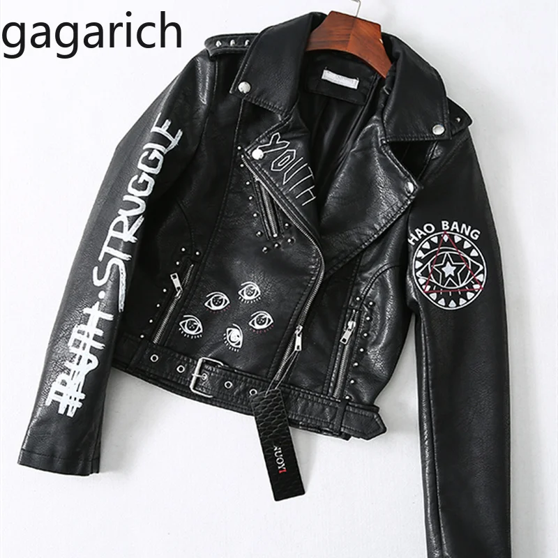 Gagarich, Женская куртка, осень, новая, панк, белая, граффити, заклепки, модная, тонкая, черная, из искусственной кожи, шикарное, длинный рукав, Женское пальто