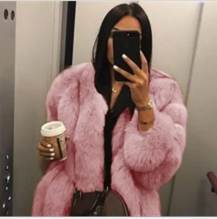 Женское меховое пальто из лисы, зимнее меховое пальто, 5XL, пальто из искусственного меха, теплое плюшевое пальто, брендовая Меховая куртка, женская утепленная куртка из искусственного меха, женская верхняя одежда - Цвет: Розовый