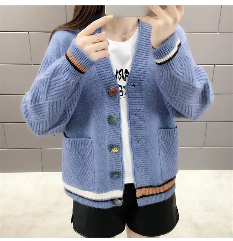 CBAFU acylic women autumn winter sweater jacket sweater coat outwear long sleeve colorful button pockets knitted cardigans P371