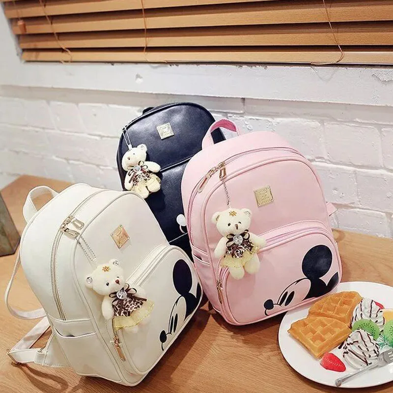 New High Quality Pu Leather Fashion Mickey Backpack Women Composite Backpacks 3pcs/set Girls School Bag Female Backpack
