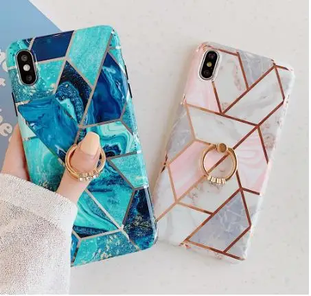 

Plating Geometric Marble with Finger Ring Holder Soft TPU Phone Cases For iphone 11 XR X XS Max 6S 8 7 Plus Case Silicone Cover