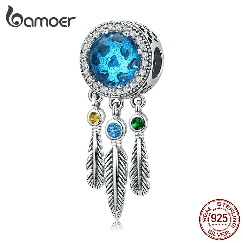 Billig Bamoer Dream Catcher Feather Lange Glas Perlen Charme fit Original 925 Frauen Armband Sterling Silber 925 Schmuck, Der SCC1384