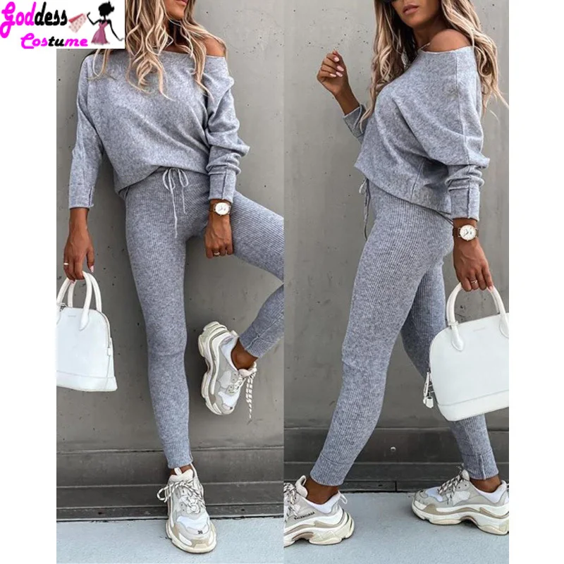 

2020 Women's Clothing Fashion Spring Autumn 2 Piece sets Womens Outfits Solid Long Sleeve Top & High Waist Drawstring Pants Set