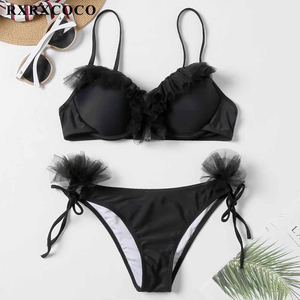 B3860BK RXRXCOCO, новинка, цветочное бикини с оборками, бразильский Одноцветный купальник, купальник для женщин, сексуальная пляжная одежда, пуш-ап, бикини, набор, купальник, бикини - Цвет: B3860BK