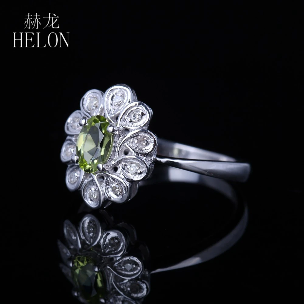 HELON Solid 14 к белое золото AU585 Сертифицированный Овальный 0.405ct натуральный Перидот и бриллиантовый драгоценный камень обручальное свадебное женское Ювелирное кольцо