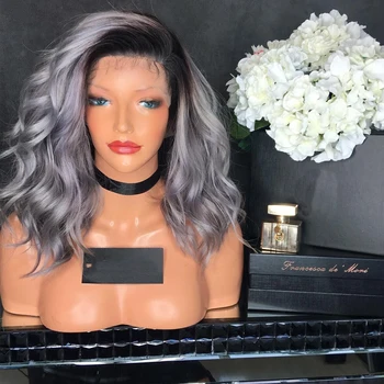 

Ombre Gray Transparent Lace Front Human Hair Wigs with Baby Hair 180Density Short Bob Full Lace Wigs for Black Women Remy Hair