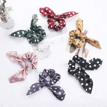 韓国水玉ウサギの耳のヘア Scrunchies 吹流し髪リング女性弾性ゴムバンドポニーテールホルダーヘアアクセサリー(China)