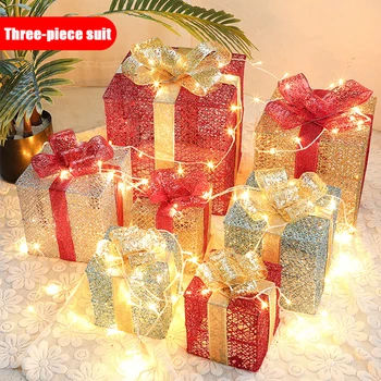 

Christmas Gift Box Christmas Wrought Iron Scene Decor Gift Box Three-piece Set With Battery Box Holiday Light String Warm White