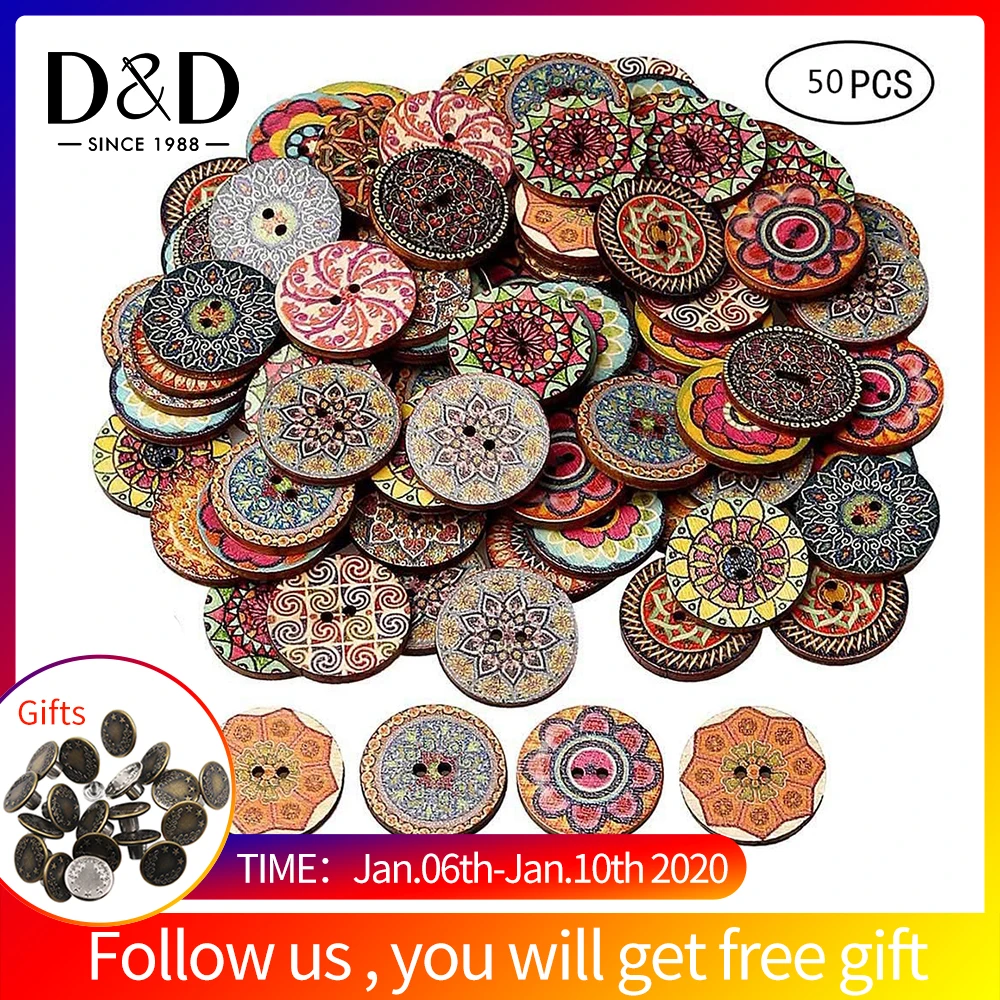 

50pcs Vintage Wooden Buttons 2 Holes 15/20/25mm Mixed Buttons for Clothes DIY Buttons Decorative Clothing Craft Sewing Tools