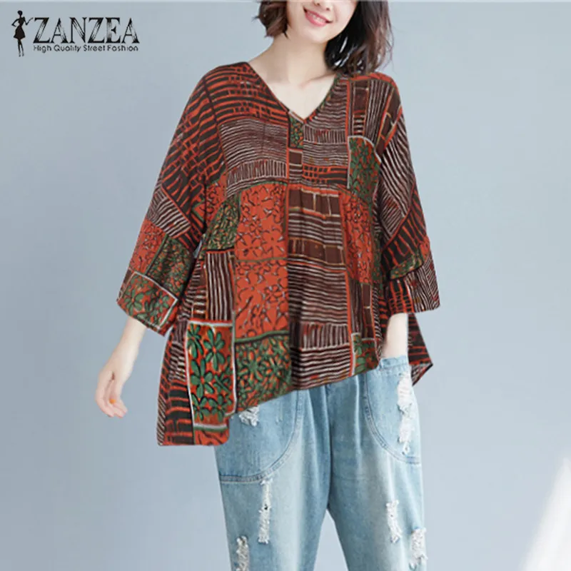 

ZANZEA Women Ethnic Printed Blouse Vintage Batwing Sleeve Shirt Chemise Femme Robe Tunic Top Casual Loose Party Blusas Plus Size