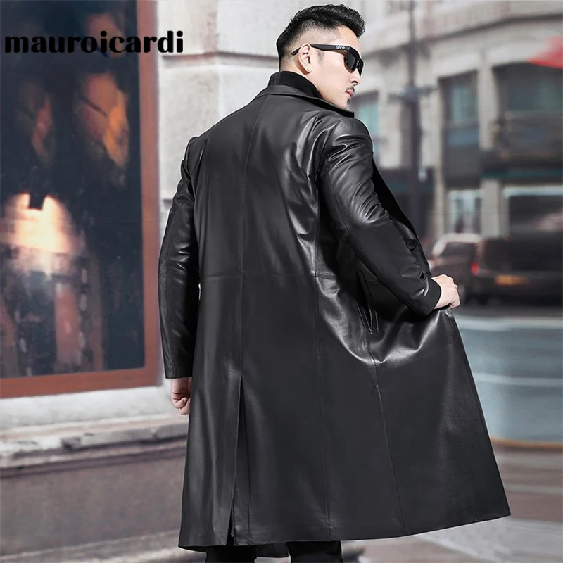 Mauroicardi Spring Long Black Waterproof Leather Blazer Men Long