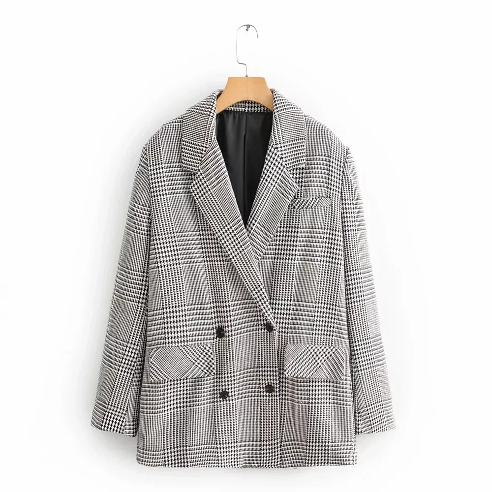 Vintage Houndstooth Plaid Blazer Feminino Autumn Winter Double Breasted Long Sleeve Women Blazer Jackets Casual Notched New