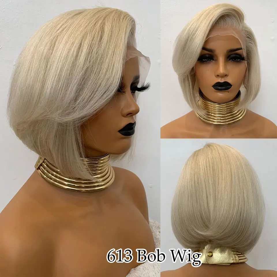 613 Color Wig 13X6 150% фиолетовый Выделите эффектом деграде(переход от темного к блондинка Цвет короткие прямые Боб вырезать тупым Синтетические волосы на кружеве парики из натуральных волос для Для женщин бразильский человеческих волос - Цвет: 613 Color Wig