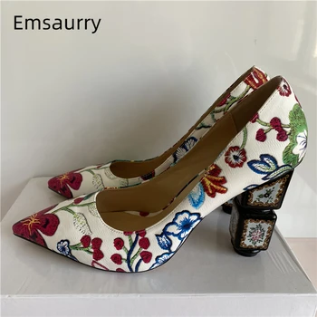 

Exotic Embroidery Flower Real Leather Shoes Woman Printed Floral Square High Heel Point Toe Slip-on Women Pumps