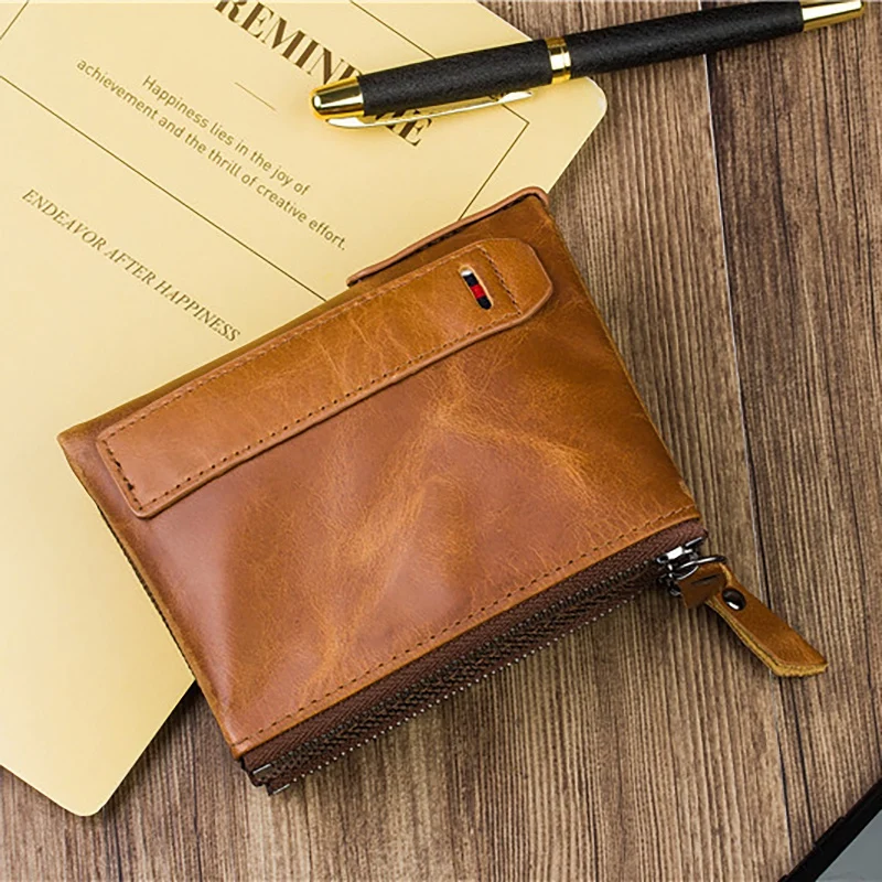 Leather Men Wallets Short Credit Business Card Holders Double Zipper Wallet Purse