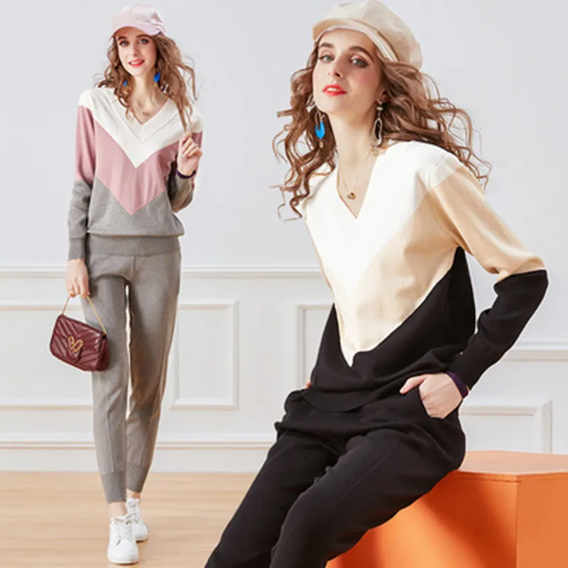 

Tracksuit Women Fall Winter New Sweatersuit V-Neck Long Sleeve Hit Color Striped Pullover Tops And Slim Pants Knitted 2Piece Set