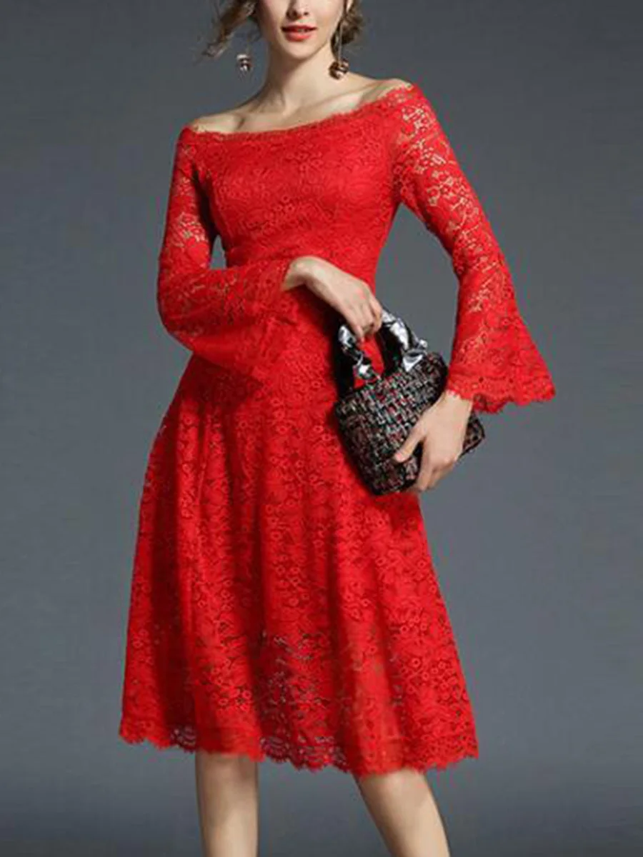 

2019 New Fashion Elegant White Lace Women Dress One Shoulder Flare sleeve hollow Autumn Women's Long Sleeve Party Dress Vestido