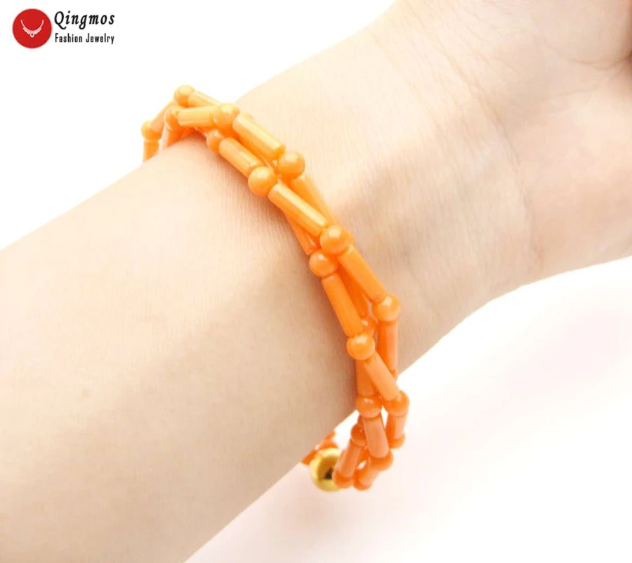 Fashion 3*9mm Thick Slice Natural Orange Coral Bracelet for Women with 4mm Round Jewelry 3 Strands Chokers 7.5'' | Украшения и