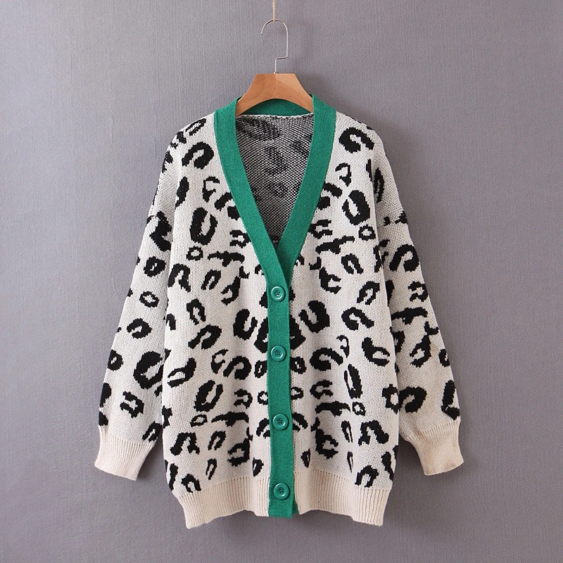 Tangada женский элегантный леопардовый кардиган, винтажный джемпер, женский модный вязаный кардиган большого размера, пальто SL204 - Цвет: Зеленый