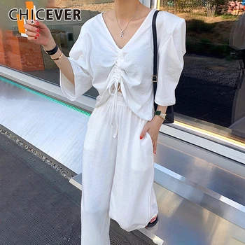 

CHICEVER Two Piece Set Women Ruched Drawstring V Neck T-shirt High Waist Wide Leg Trouser Suit Female Chic Style Clothes 2020