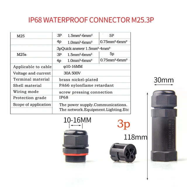 IP68 Waterproof Connector 2 Pin 3 Pin 4 Pin 5 Pin Electrical Terminal Adapter Wire Connector Screw Pin connector LED Light pin M25 3p
