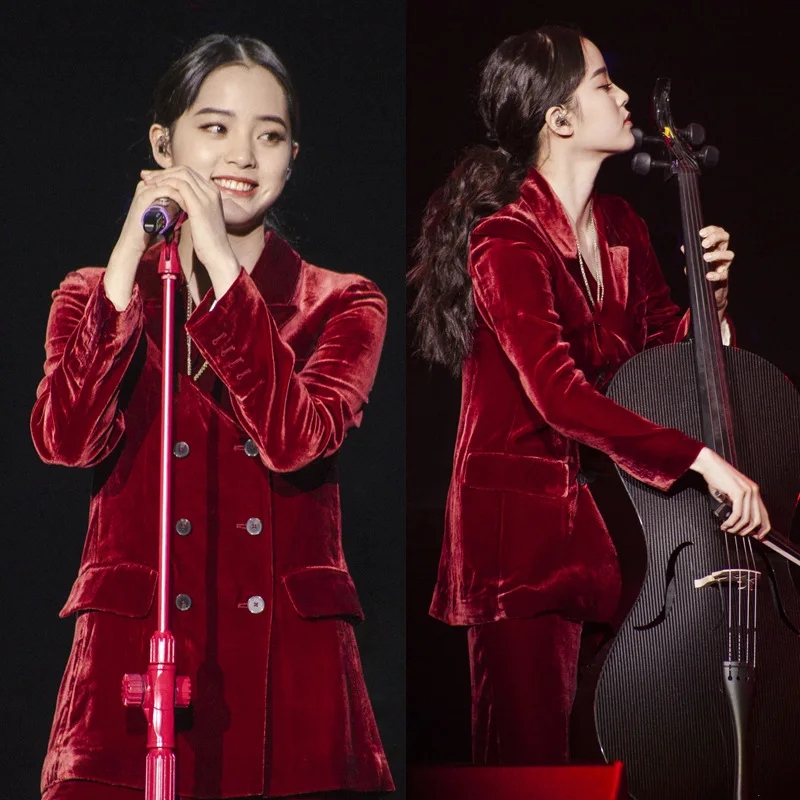 Осень и зима стиль Ouyang Nana Звезда Стиль знаменитости Красный бархатный костюм для похудения двубортный костюм Ol женский костюм