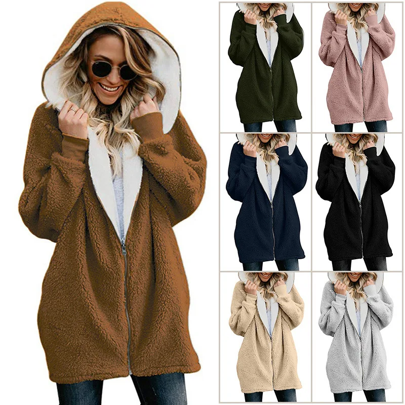 New Women Hoodies Zipper Girl Winter Loose Fluffy Hoodie Hooded Jacket Long Warm Outerwear Coat Cute Sweatshirt Zip-up 5xl