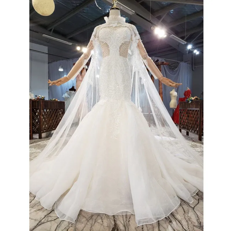 

Real Photo Luxury Mermaid Wedding Dresses 2020 Long Sleeves Long Train Lace Appliques Beaded Bridal Gowns Dubai Robe De Mariee