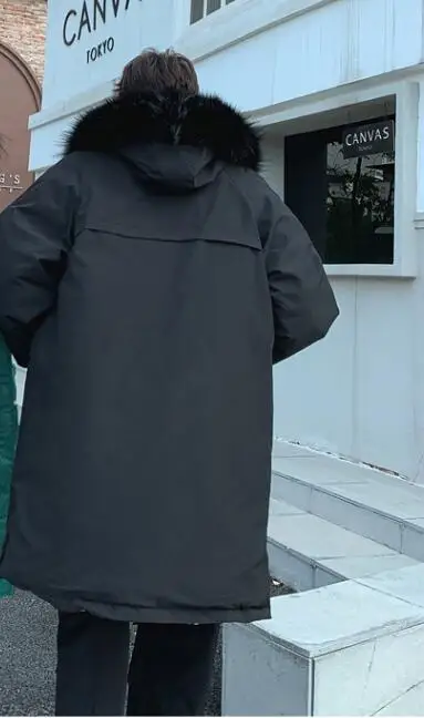 Зимняя длинная куртка Мужская/женская одежда Harajuku ветровка Толстые теплые мужские пальто парка большой меховой воротник Повседневная куртка с капюшоном - Цвет: Черный