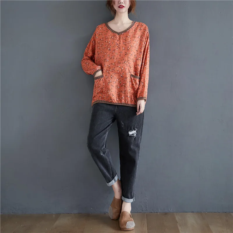 DIMANAF Plus Size Women T-Shirt Vintage Female Long Sleeve Tops Tee Tunic Floral Print Cotton Loose Autumn tshirt Women Clothing