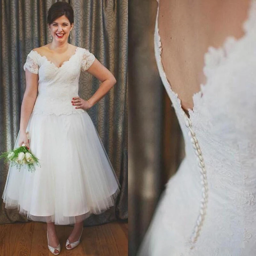 Elegant-2020-Short-Beach-Country-Wedding-Dresses-Cheap-V-Neck-Short-Sleeve-Tea-Length-Bridal-Gowns