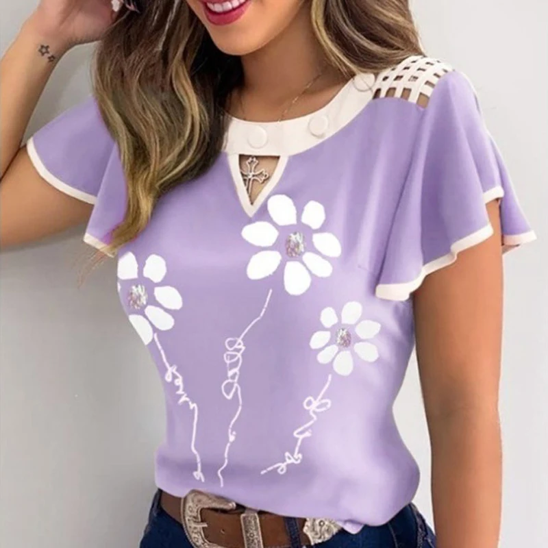 Summer Hollow Out Lace Casual blouse shirts Women Elegant Butterfly Daisy Print Ruffle Tops Short Sleeves O Neck Pullover Blusa