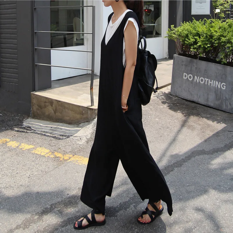 

Summer Wear New Style Suspender Pants Women's Loose And Plus-sized Wide-Leg One-piece Divided Skirt Students Casual Cotton Linen
