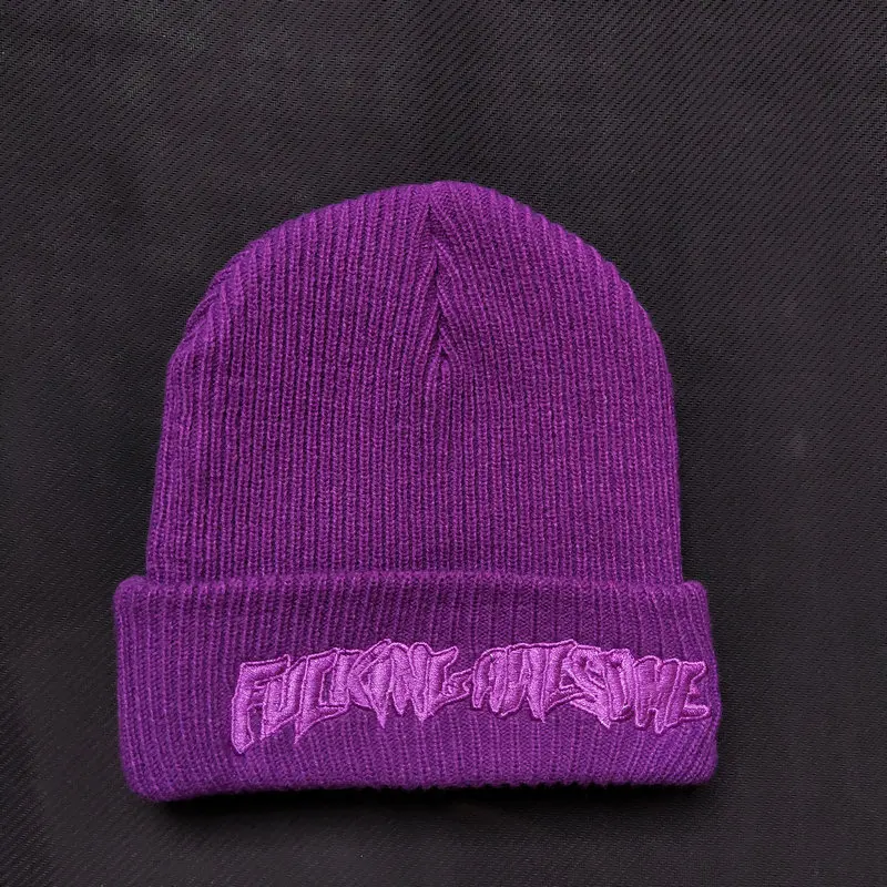 Purple Fxxking Awesome Beanie Winter Hats For Women Ladies Men Acrylic Cap Billie Eilish Bonnet Autumn Knitted Hip hop Embroidery Skull - Цвет: Purple