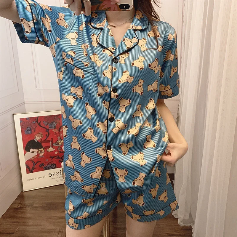 

Summer Pajamas Women's Silk Fold-down Collar Double Short Korean-style Cute Little Bear Imitated Silk Fabric Thin Viscose Cardig