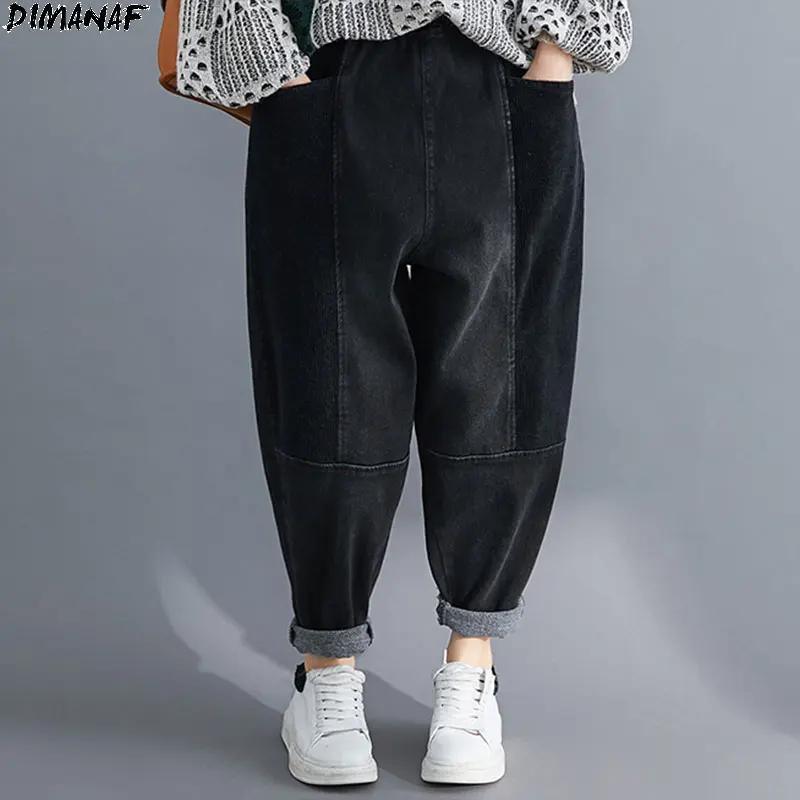 

DIMANAF Women Jeans Pants Plus Size Thick Warm Patchwork Harem Corduroy New Denim Female Elastic Waist Loose Casual Pants Jeans