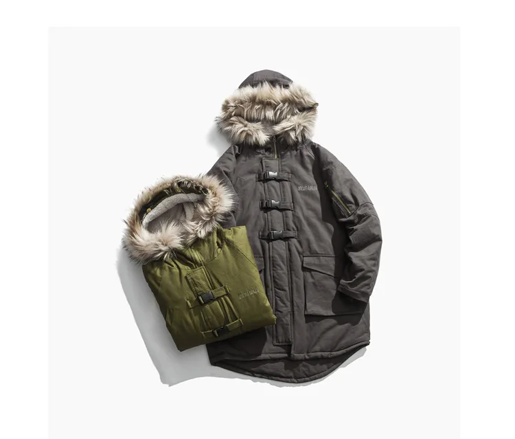 Вертикальные Ze производства 18aw национальные тренды два цвета меховой воротник длинный Военный Стиль Тренч пальто одежда с хлопковой подкладкой