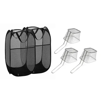 

2 Packs Mesh Up Laundry Hamper (Black) with Portable & 3Pcs Mini Fry Baskets Stainless Steel Fryer Basket Strainer