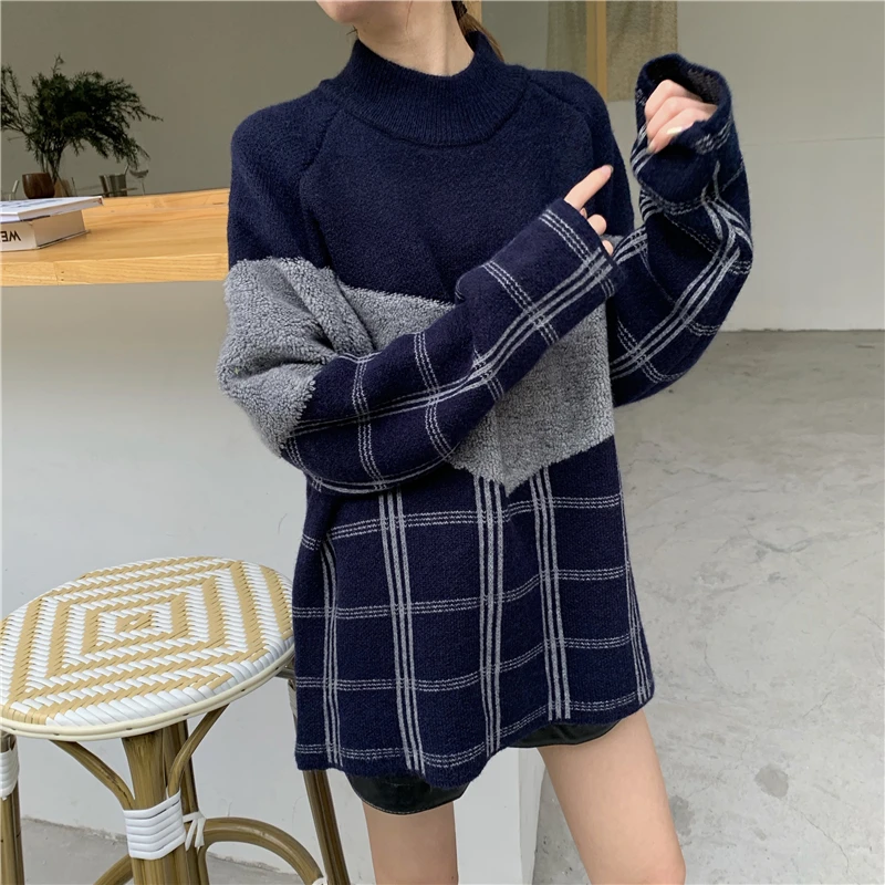 Winter Sweater Women's Plaid Stitching Half Turtleneck Sweater 2020 Spring Fashion Female Sweater Winter Sweater Women's Plaid Stitching Half Turtleneck Sweater 2020 Spring Fashion Female Sweater