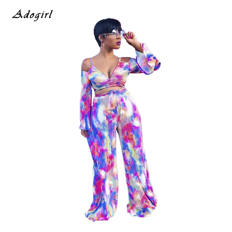 

Autumn Tie-dye Print Two Piece Set Sexy Lace Up Cold Shoulder Crop Top With Wide Leg Pant Women Sets Casual Outwear Women Outfit